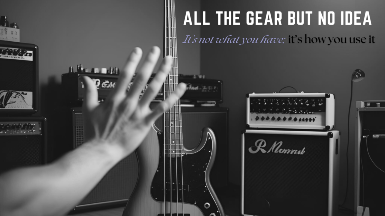 Bass guitar surrounded by amplifiers and gear with a hand reaching out, symbolising choosing the right bass equipment over buying too much gear